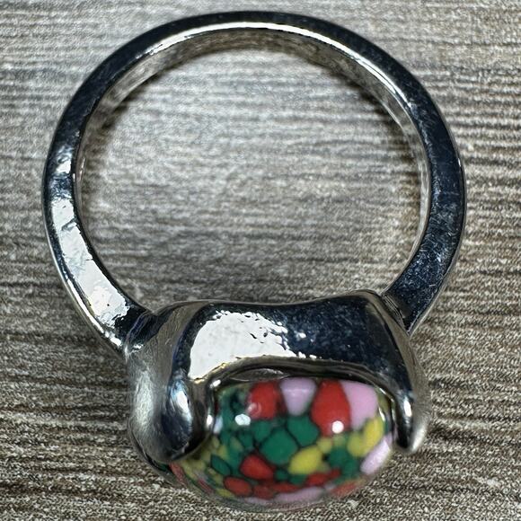 925 Sterling Silver Green Pink Red Mixed Stone Ring Smooth Oval Artistic Sz 8 - Picture 5 of 9